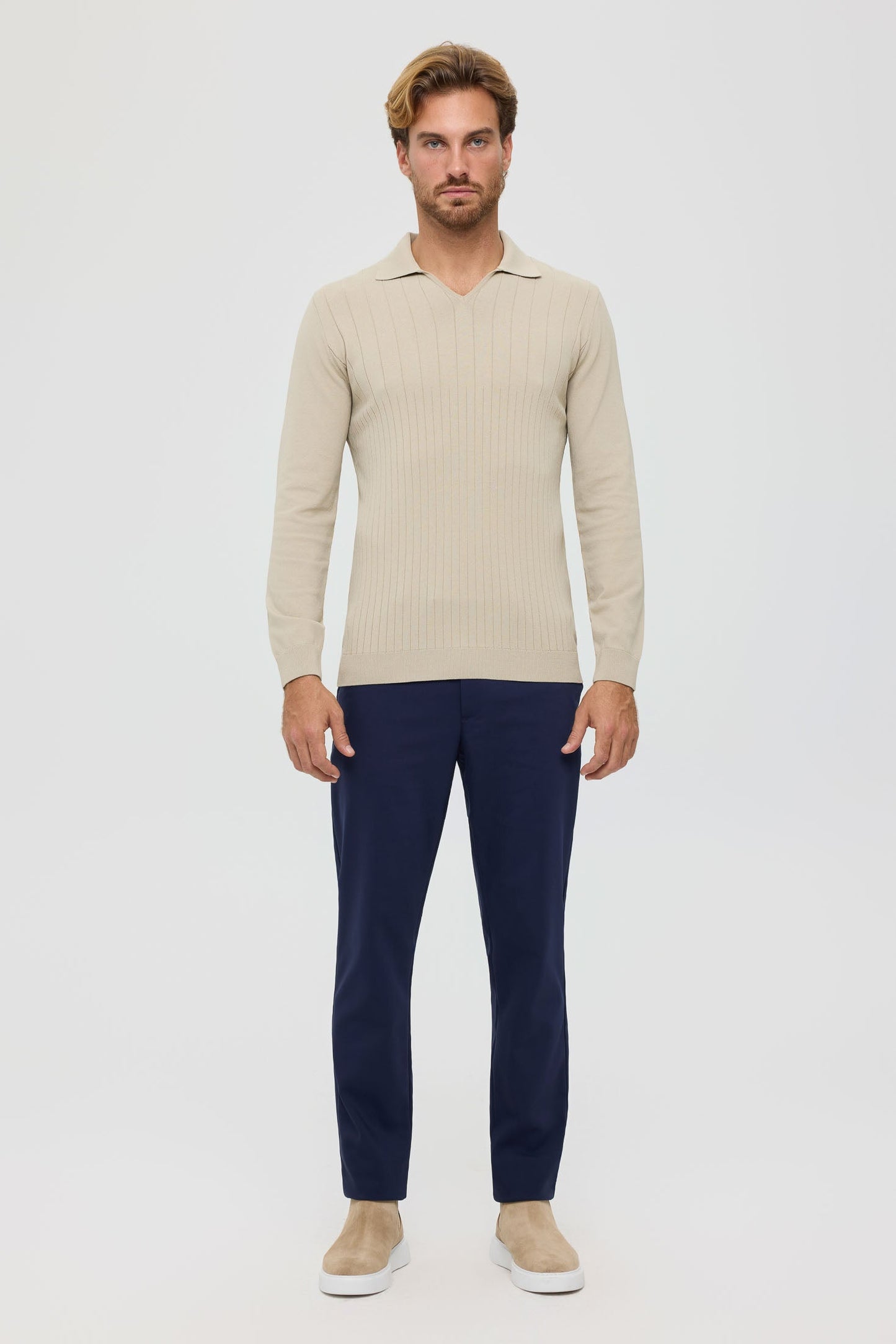 Men’s Premium Long-Sleeve Knit Pullover Polo – Fine Rib Texture | Style 8030