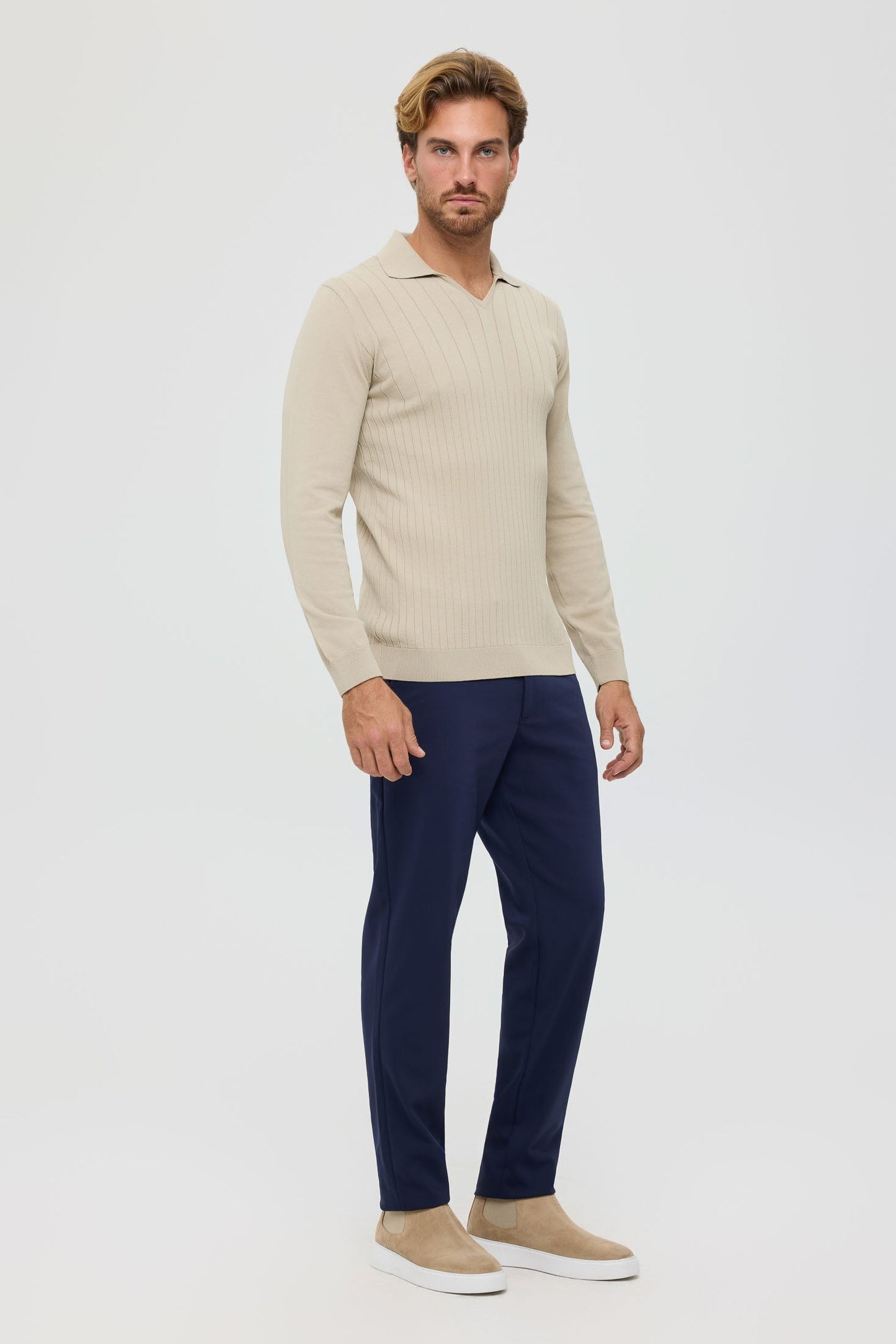 Men’s Premium Long-Sleeve Knit Pullover Polo – Fine Rib Texture | Style 8030