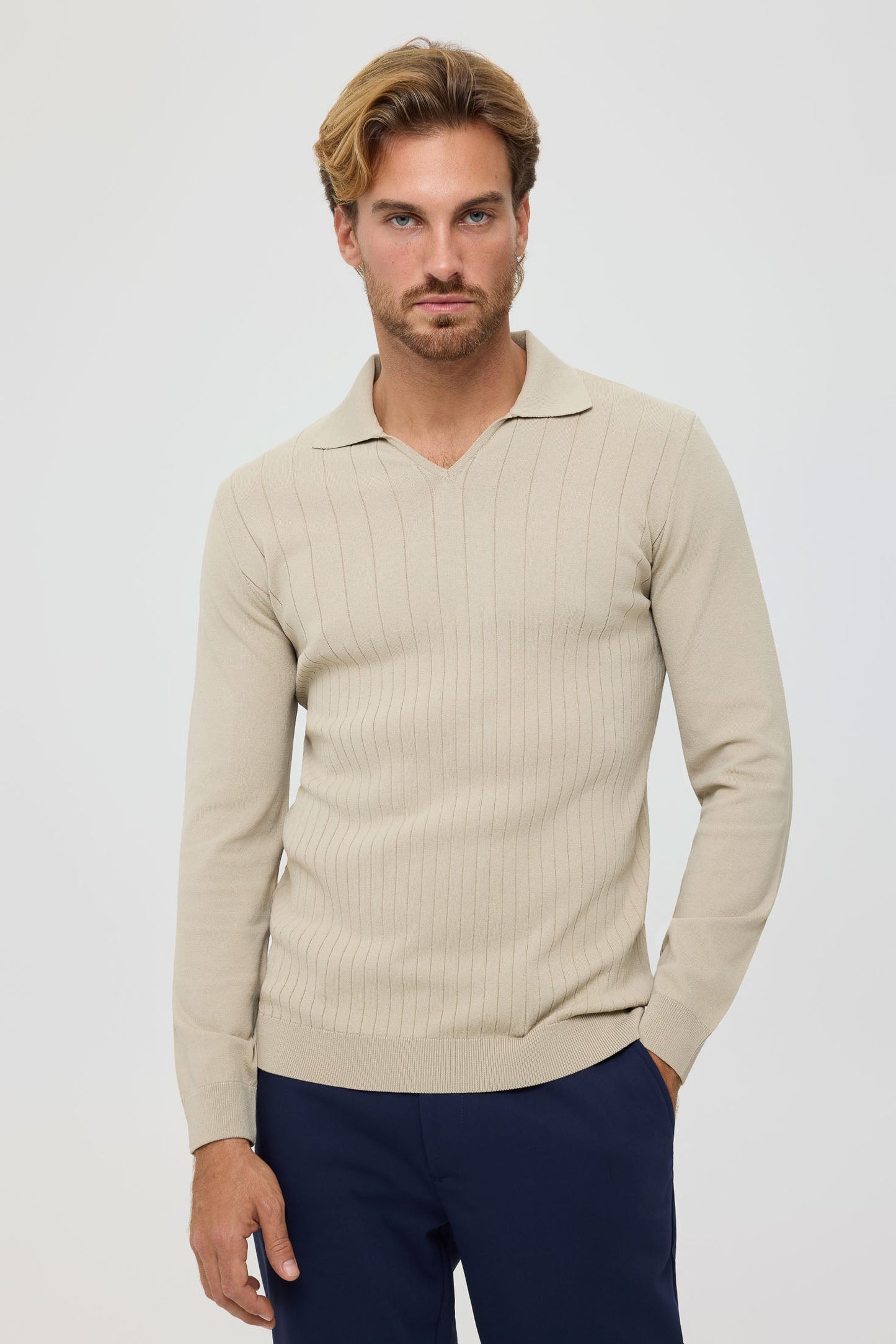 Men’s Premium Long-Sleeve Knit Pullover Polo – Fine Rib Texture | Style 8030