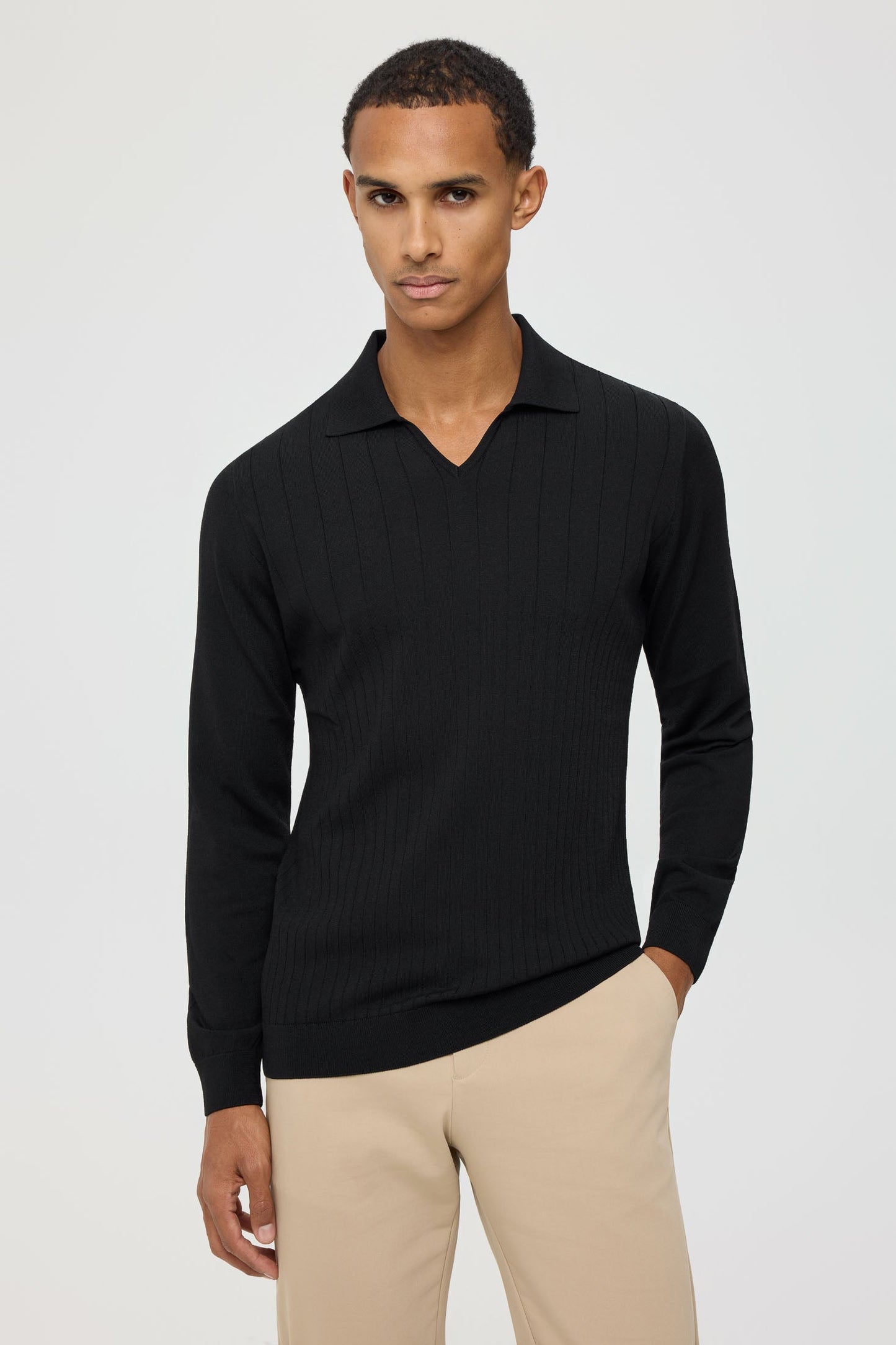 Men’s Premium Long-Sleeve Knit Pullover Polo – Fine Rib Texture | Style 8030