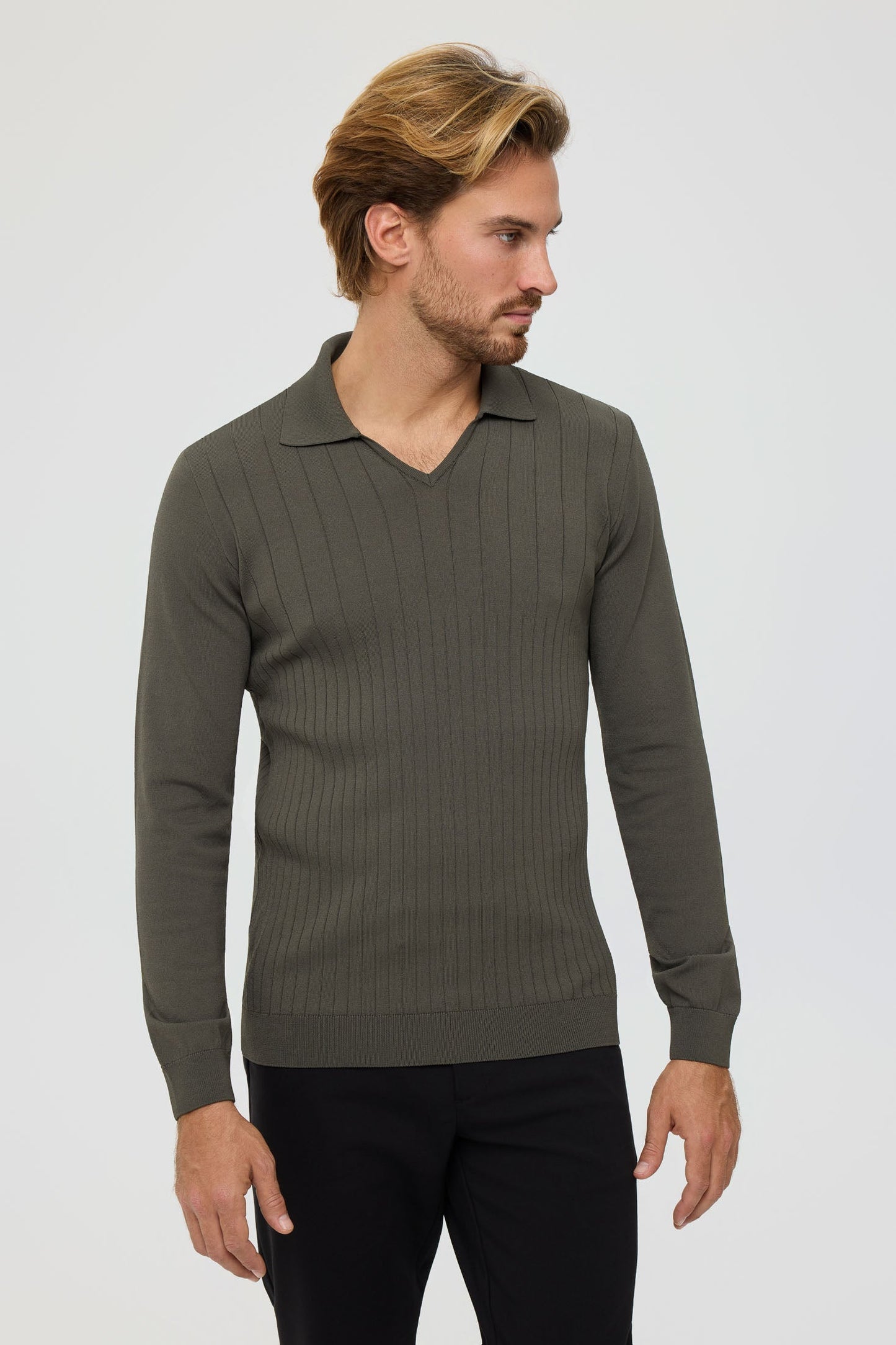 Men’s Premium Long-Sleeve Knit Pullover Polo – Fine Rib Texture | Style 8030