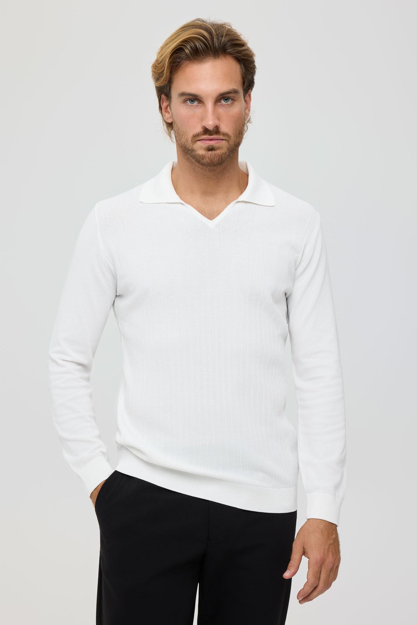 Men’s Premium Long-Sleeve Knit Pullover Polo – Fine Rib Texture | Style 8030